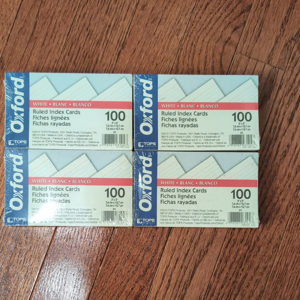Oxford White Ruled 3"x5" Index Cards Four 100 Packs New